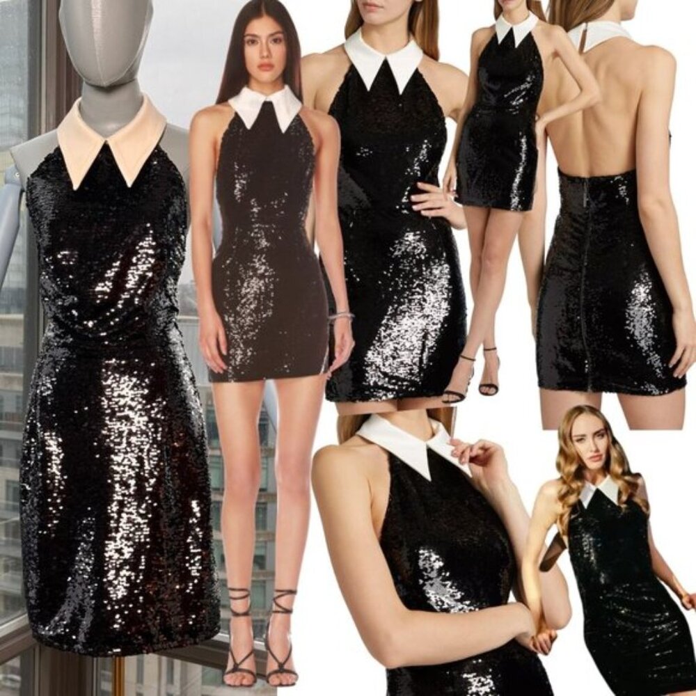🆕 BRONX & BANCO 🧿 NWOT Wednesday Black Sequin Halterneck Mini Dress Sz L US 8